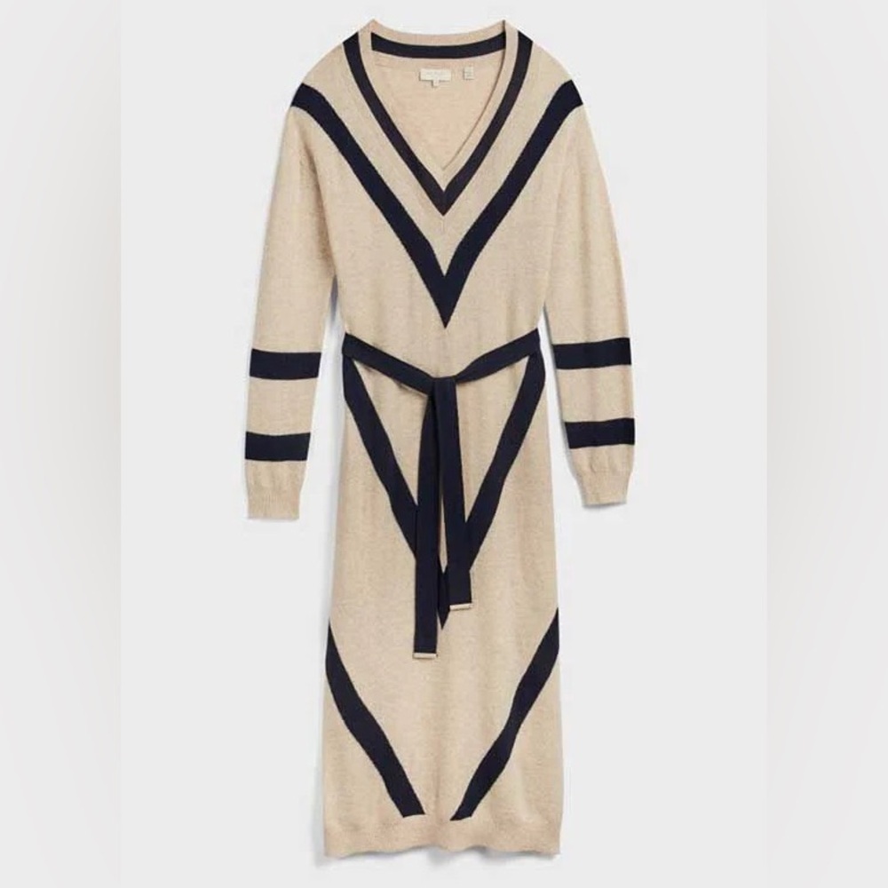 Ted Baker Merino Wool Cashmere Knit Long Sleeve Cream Black Midi Sweater Dress - Picture 1 of 9